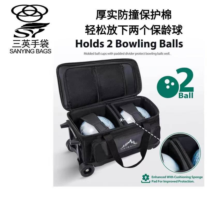 2 Ball Roller Bowling Bag with Thick Protective Lining, Holds 2 Bowling Balls - Sanying Bags