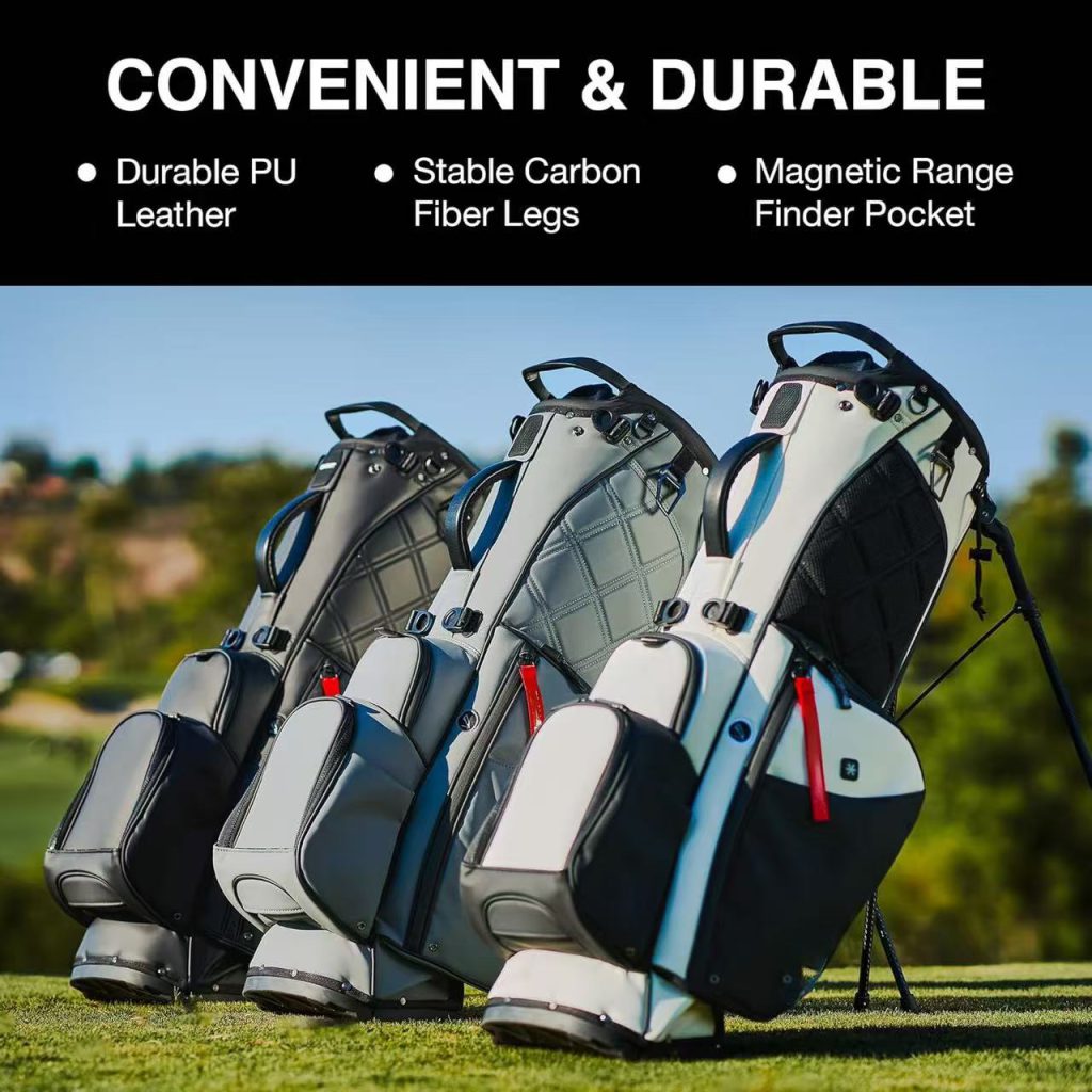 Convenient & Durable Custom Golf Stand Bags wholesale custom durable golf stand bags with PU leather, carbon fiber legs and magnetic rangefinder pocket