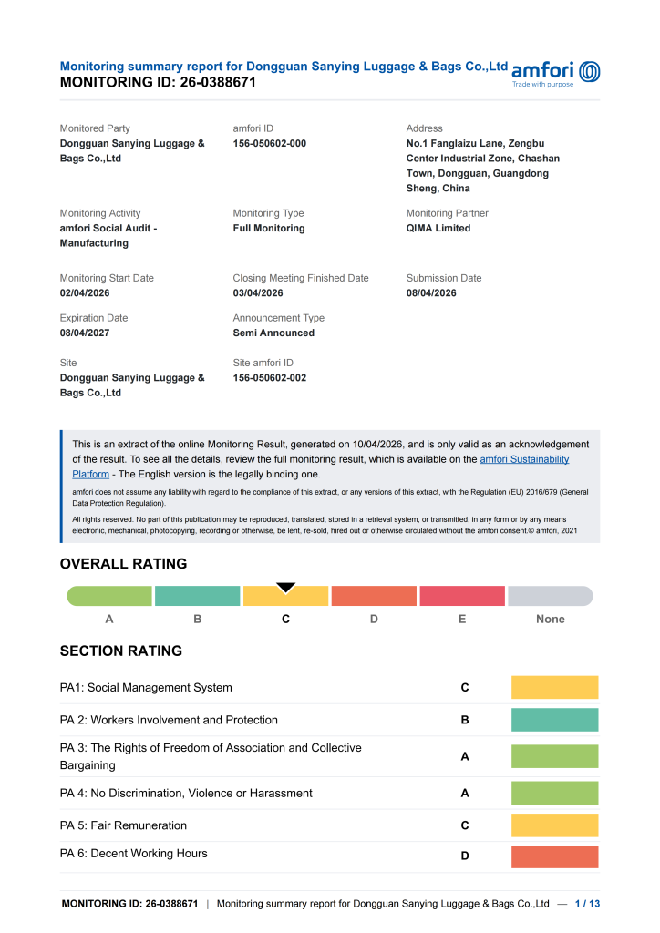 Sanying Bags BSCI Certificate
